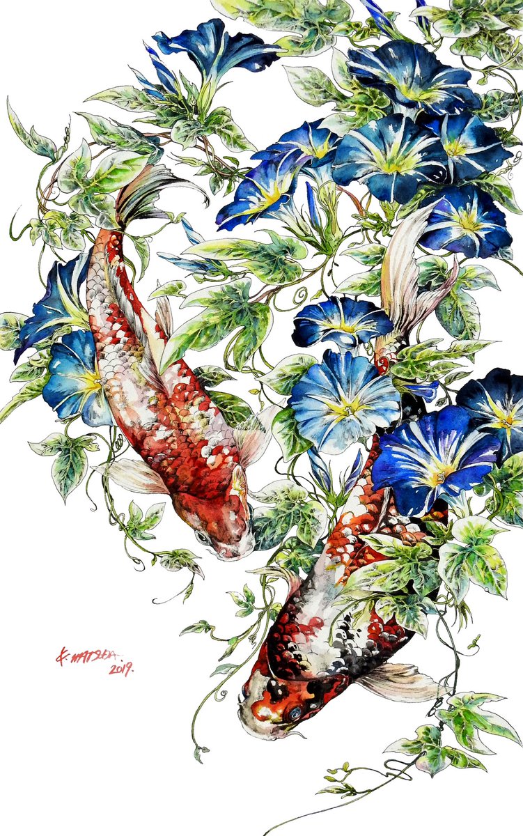 no humans blue flower fish white background flower simple background traditional media  illustration images