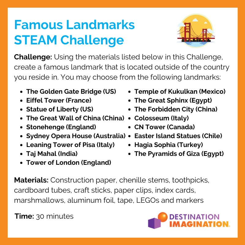 IDODI's tweet image. Ok, parents - Here's today's Instant Challenge for the kids! Have them take our Famous Landmarks STEAM Challenge and share your photos with us! #IamDI #InstantChallenge