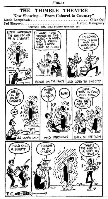 First appearance of Olive Oyl (1919) and Popeye (1929)-and their first kiss. 