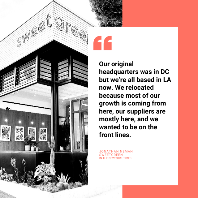LAreinvented's tweet photo. Why are companies moving to LA? Sweetgreen tells us their reasoning for moving from Washington DC https://t.co/7tUJeCtJpO