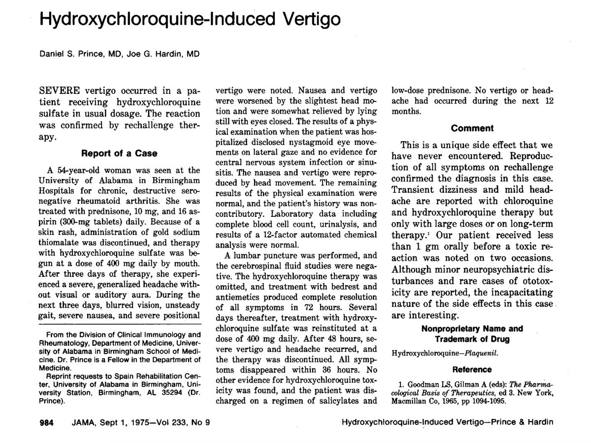 A brief discussion of purely neurologic effects: recall an earlier paper referenced complaints of vertigo with use hydroxychloroquine. Some years after its FDA licensing, a clear causal case of what appears to be central (i.e. brainstem) vertigo was later reported from the drug.