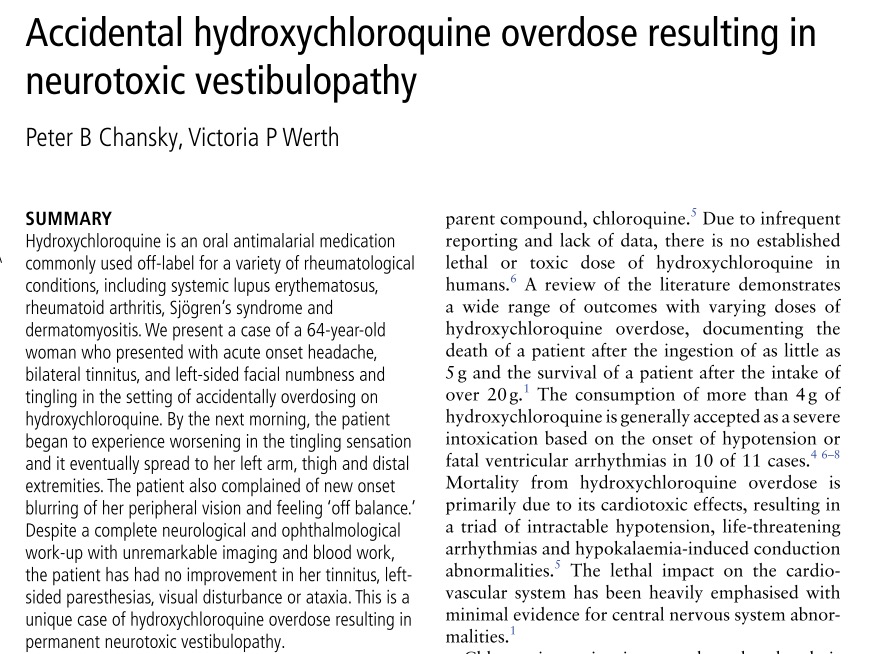 The central (i.e. brainstem), rather than peripheral, nature of these effects is strongly indicated by this subsequent report, which suggests hydroxychloroquine shares the neurtoxic liability of other quinolines. More detail is here:  http://www.ncbi.nlm.nih.gov/pubmed/28404567 