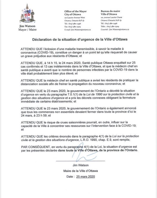 Jim Watson Today I Am Announcing That We Are Declaring A State Of Emergency For The City Of Ottawa In Response To The Increasing Spread Of Covid 19 In Our Community