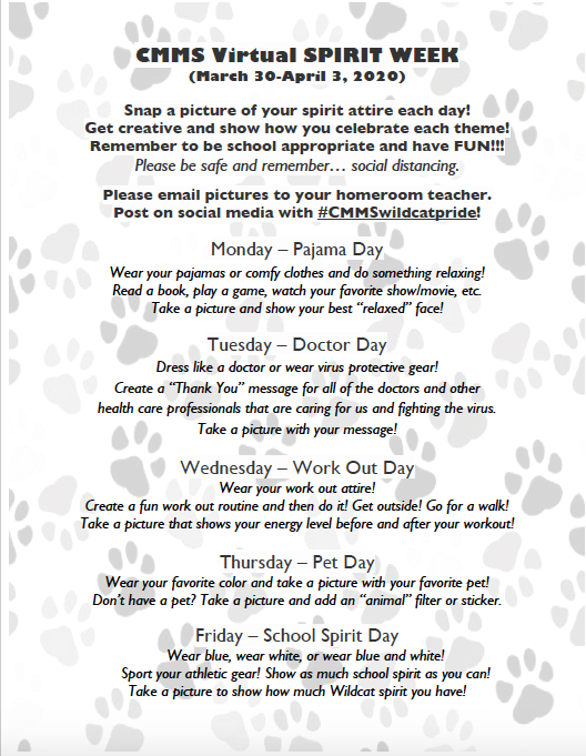 CMMSWildcats's tweet image. Hey Wildcats! Who is ready to have some fun? Join us next week for a virtual spirit week. Snap a picture, use the hashtag, and send a copy to your homeroom teacher. Let's show @KeystoneCentral how proud we are to be Wildcats!