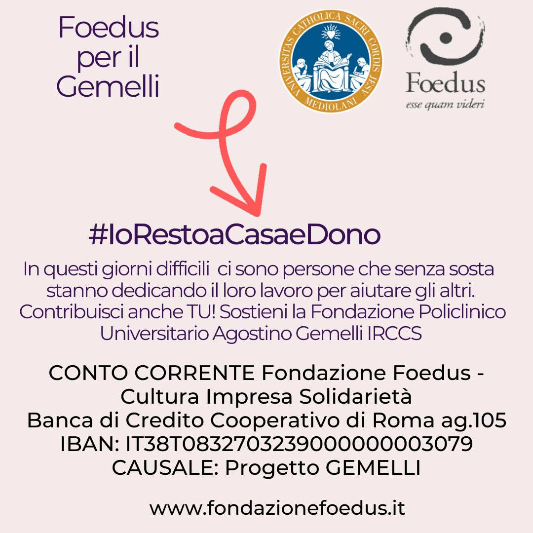 - #Emergenza #Covid19  #Foedus per il Gemelli - Insieme per fronteggiare l'emergenza sanitaria. Sostieni anche tu la #Fondazione #Policlinico #Universitario #Agostino #Gemelli IRCCS dona il tuo contributo! #FoeusperilGemelli #IoRestoaCasaeDono #FondazioneFoedus