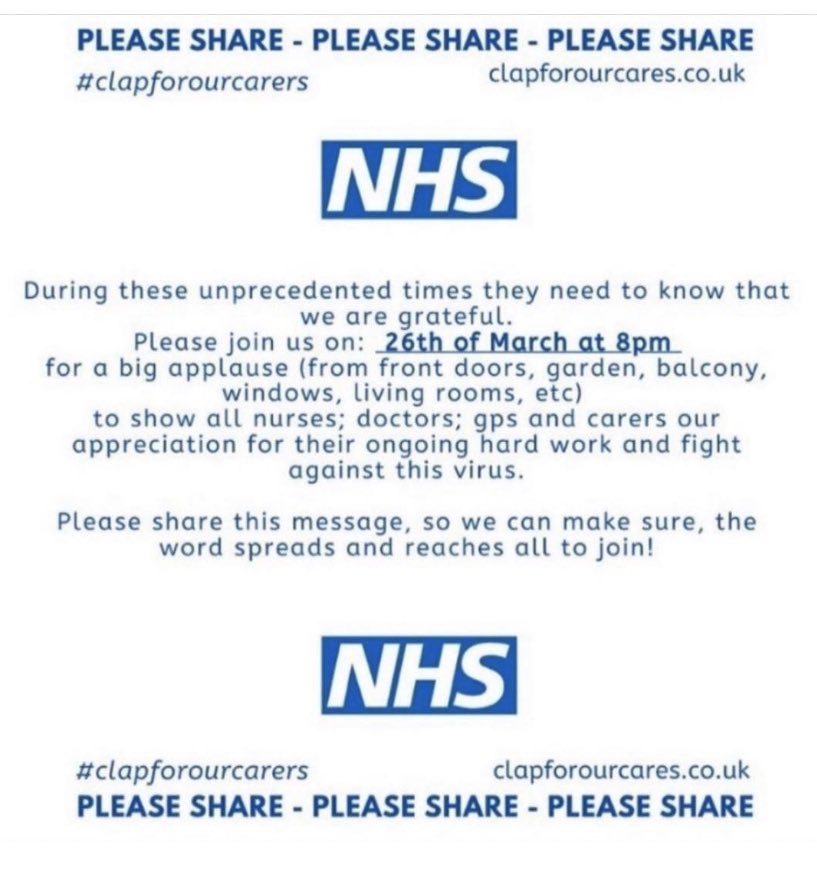 LGAcomms's tweet image. 👏🏻👏🏼👏🏽👏🏾👏🏿

What: #ClapForOurCarers
When: 26 March, 8pm
Where: your house
Why: to show our appreciation for everyone working on the #coronavirus frontline

👉 clapforourcarers.co.uk

#ThankYouNHS
#ThankYouLocalGov
#StayHomeSaveLives