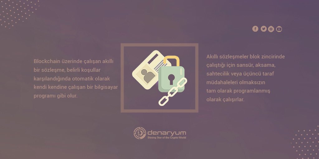 ▪️Blockchain üzerinde çalışan akıllı bir sözleşme, belirli koşullar karşılandığında otomatik olarak kendi kendine çalışan bir bilgisayar programı gibi olur.

▪️Akıllı sözleşmeler blok zincirinde çalıştığı için sansür,sahtecilik veya üçüncü taraf müdahaleleri olmaksızın çalışır.
