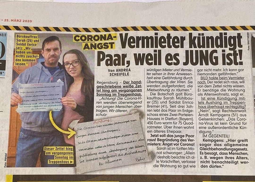 Corona-Angst: Wohnungs-Kündigung, weil Mieter JUNG sind... Der absurde Fall in BILD mit RA Kempgens im Interview
kempgens.de

#rechtsanwalt #coronavirus #rechtsberatung #miete #bild