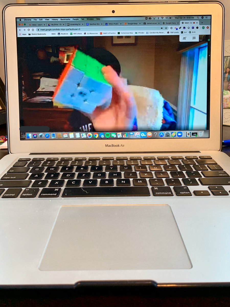 abby_searfoss's tweet photo. We’ve hit the 2 week mark since we were in school last and I am really missing my students!! We are learning so much about how we can still connect, both for academic work and some fun (like a morning rubix cube challenge) @PresenceLearn @GoogleForEdu @WPSWeStillCan #WiltonWayCT https://t.co/7ZQufYAukc