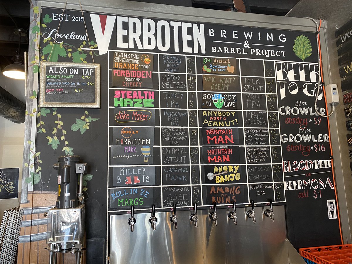 Our online ordering options for pickup and curbside are at verbotenbrewing.com if you would prefer delivery, call or text it to 970-988-6333 or email sales@verbotenbrewing.com. See online store for options