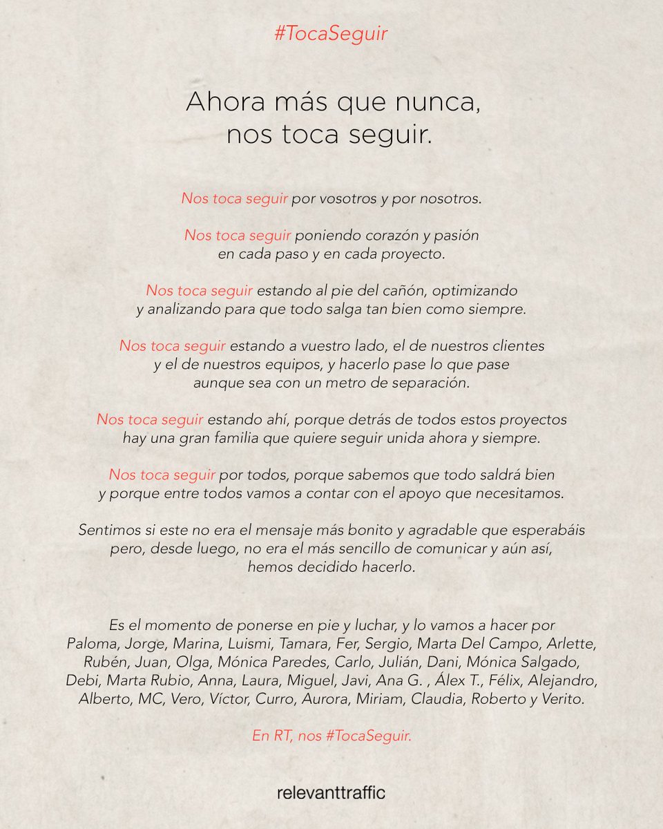 RelevantTraffic's tweet photo. Hay momentos en los que expresar lo que vivimos con palabras cuesta más de lo normal y aunque no sea fácil para nosotros, os lanzamos este mensaje sincero, con pasión y directo al corazón. Sigamos comunicando porque, pase lo que pase, en RT nos #tocaseguir. https://t.co/U7b6j3FESf