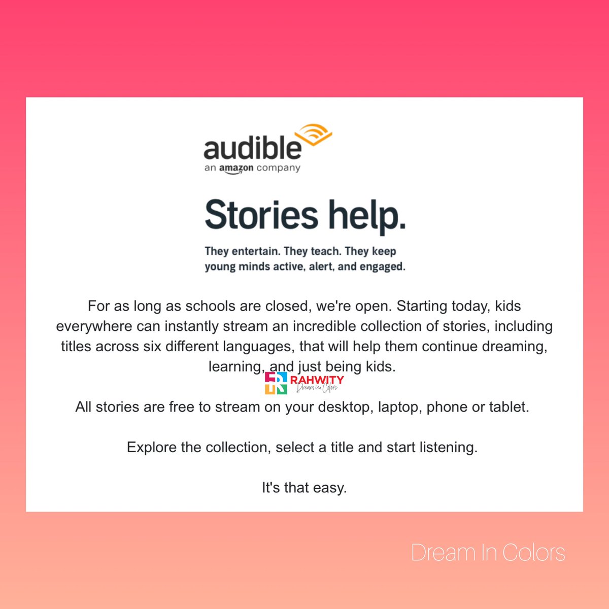 This is to keep your kids, brothers, sister, nieces and nephews still Dreaming In Colors and Dreaming Big. Thank You <a href="/audible/">Mark Kelso</a> <a href="/amazon/">Amazon</a> 🟠🟡🔵
•
Share with your #MammaTribe #DaddyTibe
•
#dreamincolors #dreamincolorsmedia #audible #amazonbooks #parenting #COVID19outbreak