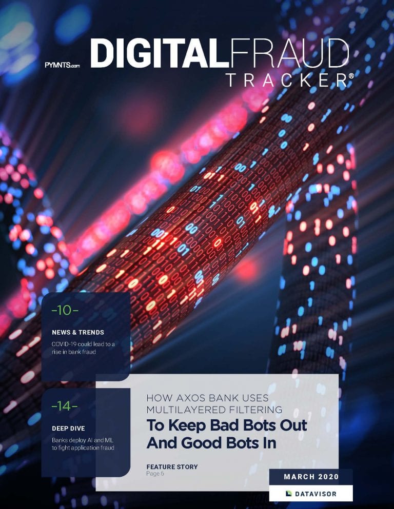 pymnts's tweet photo. .@AxosBank’s multilayered approach to separating good bots from bad: https://t.co/CBqixe8U8S #DigitalFraudTracker @DataVisor https://t.co/w2J9QdNMis