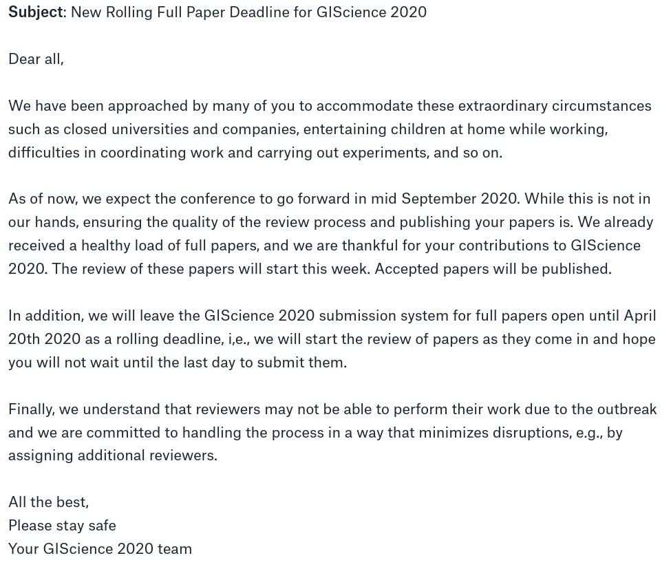 STKO_UCSB's tweet photo. New Rolling Full Paper Deadline for GIScience 2020 #GIScience2020 #COVID2019 Please share widely. https://t.co/KdKfgH8NOO