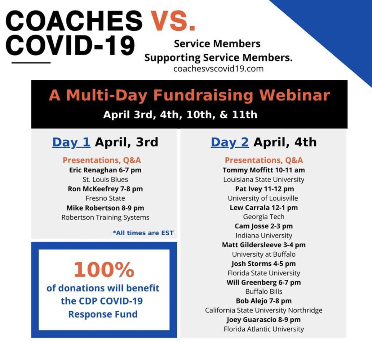 Coaches- be sure to check this out 👇
100% of the funds will go to the COVID-19 Response Fund. We're proud to be a part of it. Please re-tweet and spread the word! #coachesvscovid19
gofundme.com/f/coaches-vs-c…