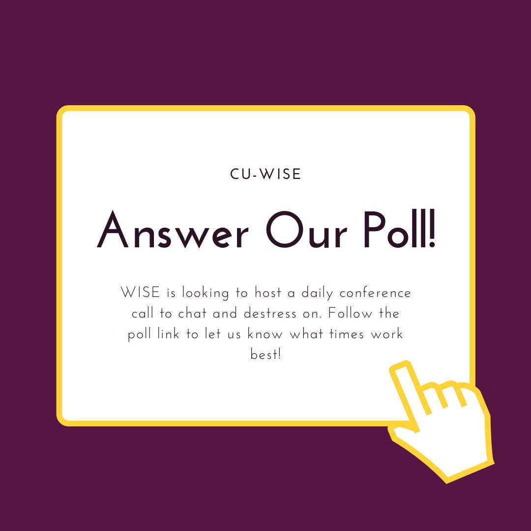 cuwise's tweet photo. Feeling isolated? Need somebody to talk to? #WISEgotchu! Answer our poll so we can setup daily conference calls to chat on.

https://t.co/t4aD7cjfcq

@CarletonScience @CarletonU_Eng https://t.co/bFVvj1wAal