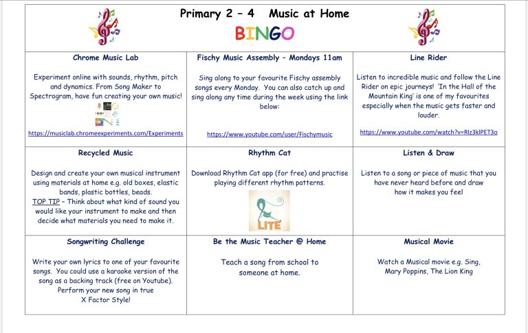 TollcrossP's tweet photo. Our brilliant music teacher @MrsE_Music has created Music Bingo. Happy to share with our friends across the city @prestonstps @weeunicorns @DeanParkSchool @SciennesPS @Dalry1876 @Clovenstone @NiddrieMillPS https://t.co/oscXrwoBIR