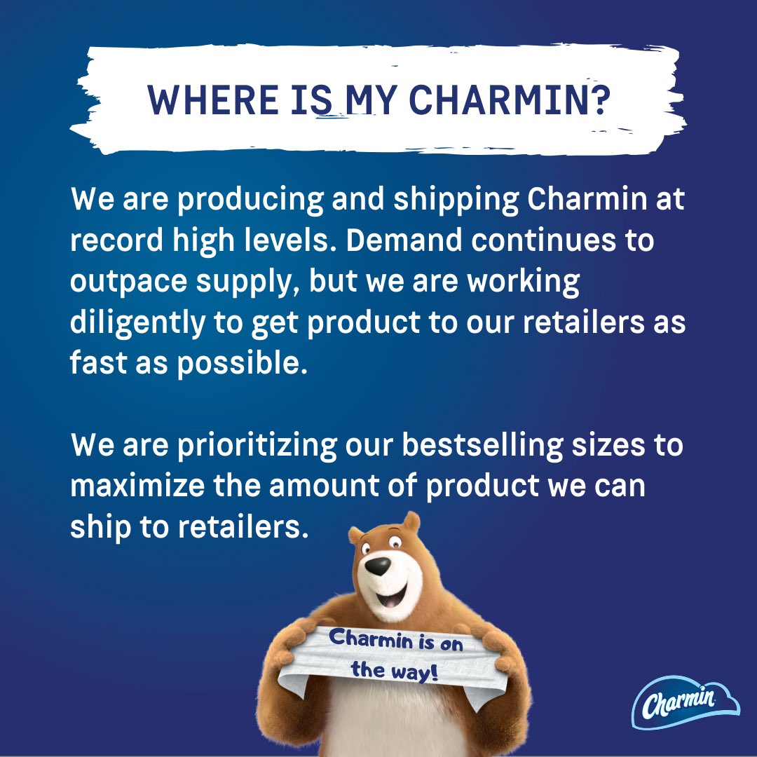 Charmin's tweet photo. While we’re hard at work getting Charmin to stores as fast as possible, we wanted to share answers to some of the most frequent questions we’re hearing from you. Stay safe, and remember - we’ll always have your back(side)! 💙 
#SpareASquare https://t.co/HMCm7FGIHP