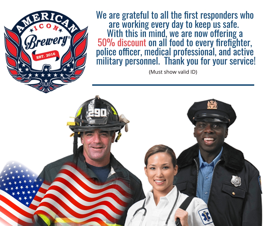 We are so grateful to our First Responders!
Thank you for all you do!
We are open for Take--out &amp; Delivery every day 12pm-8pm.

Order online:americaniconbrewery.com/menus-/delivery

or call us: 772-934-4266