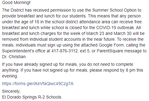 Theresa Christian (@drtchristian33) on Twitter photo Good Morning! See the message regarding school breakfast and lunch! Complete the form by 8 pm this evening.
<a href="/eldobulldogs/">El Dorado Springs R2</a>
forms.gle/iXeVfaQiwc49Cz… Good Morning! See the message regarding school breakfast and lunch! Complete the form by 8 pm this evening.
<a href="/eldobulldogs/">El Dorado Springs R2</a>
forms.gle/iXeVfaQiwc49Cz…