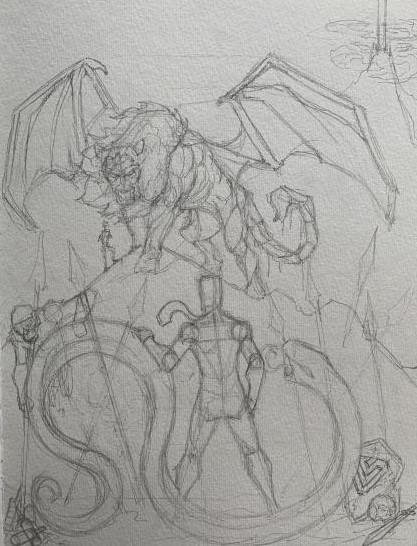 Boceto de la pieza conmemorativa del partido entre <a href="/SnakeSocietyOW/">Snake Society</a> contra <a href="/BCNManticores/">BCNManticores</a>, no sé si me dará tiempo a terminarla para el viernes intentaré ir subiendo el progreso por aquí