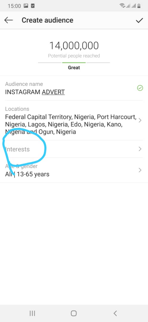 Now to the third step in targeting...Interest based targeting... All you need to do here is enter the interests of your target market here... For example... look at my second picture...My target audience are people who run business and want to do Instagram adverts...