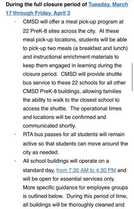 HomaBashNews's tweet photo. UPDATE: Cleveland Metropolitan School District has 22 meal pick-up sites across the city starting on Tuesday so students can get 2 meals a day during 3-week planned closure due to coronavirus. CMSD is a 100% free lunch district. https://t.co/lT461gnVwJ