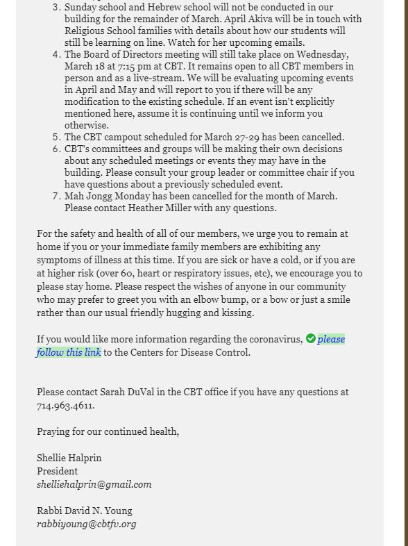Link to Governor Newsom's message: latimes.com/california/sto…

Link to view the live stream of services: facebook.com/congbnaitzedek/

Link to more information about the Coronavirus: cdc.gov/coronavirus/20…