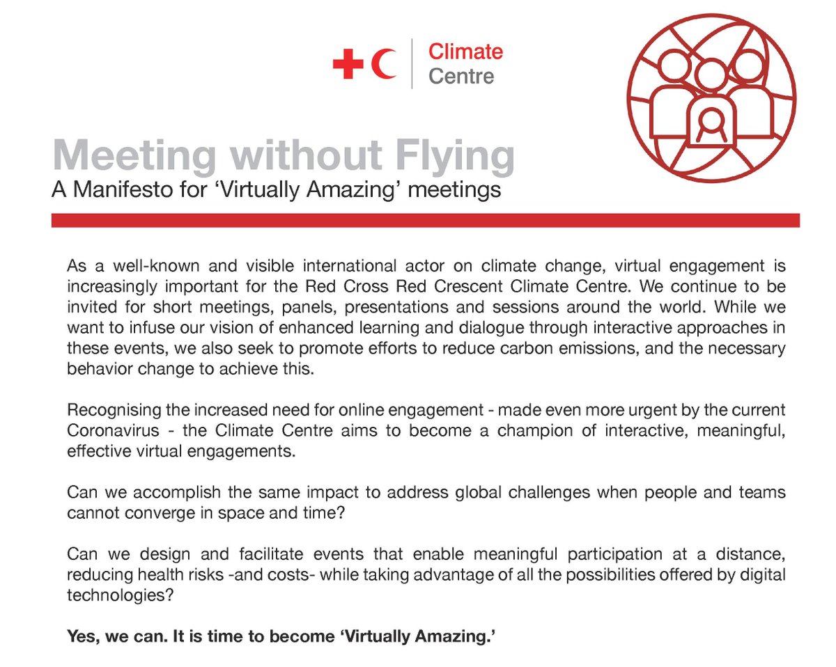 RCClimate's tweet photo. Beat the #CoronavirusPandemic AND reduce your #carbonfootprint with the #RedCross #RedCrescent 'Virtually Amazing Manifesto', issued today in #Geneva & The Hague; don't fly, be 'virtually amazing' at meetings and conferences; op-ed by @mkvaalst - https://t.co/joFMBB9EXo https://t.co/P1k7zIdVEj