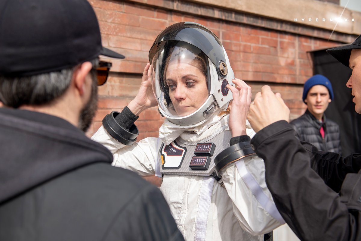 HypernovaFilm's tweet photo. The Canadian Film Fest and  premiere of Hypernova is postponed due to COVID-19. There's hope we still screen later this spring. 

In the name of positivity, here's the cast &amp; crew on the first day of shooting. Look at these marvelous folks and that lovely space suit. Be safe pals https://t.co/fflkUnWiPE
