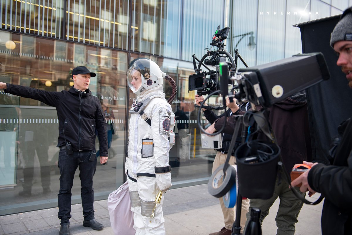 HypernovaFilm's tweet photo. The Canadian Film Fest and  premiere of Hypernova is postponed due to COVID-19. There's hope we still screen later this spring. 

In the name of positivity, here's the cast &amp; crew on the first day of shooting. Look at these marvelous folks and that lovely space suit. Be safe pals https://t.co/fflkUnWiPE