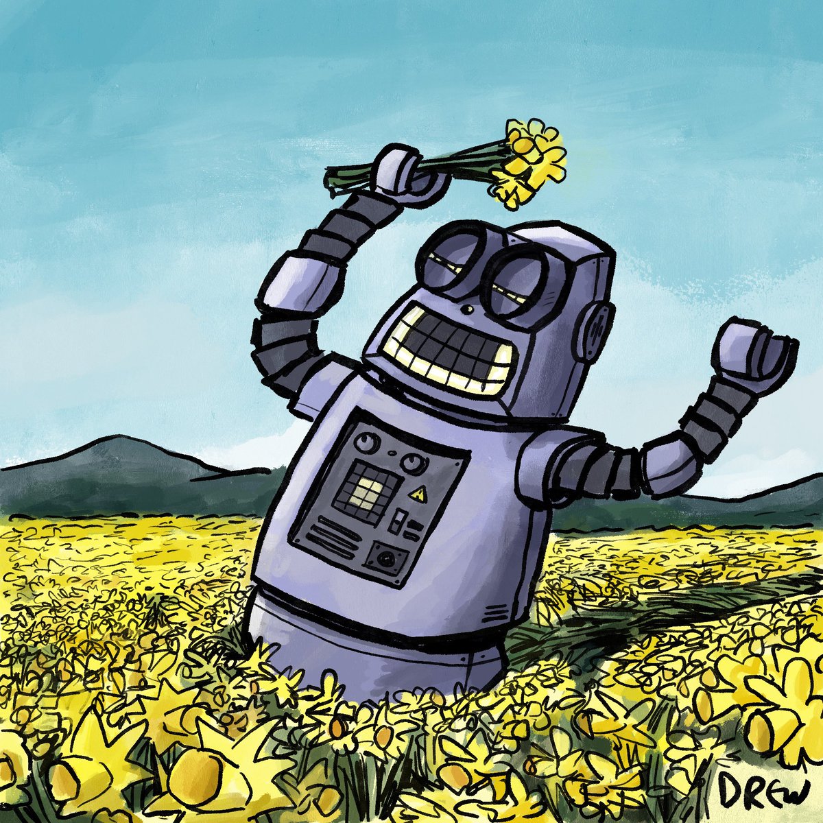 cartoonsidrew's tweet photo. If you’re having a crummy day here’s a robot running through a field of daffodils for #primroseyellow #colourcollective and #marchofrobots2020. Have a good weekend #marchofrobots https://t.co/khQhd6VtNT
