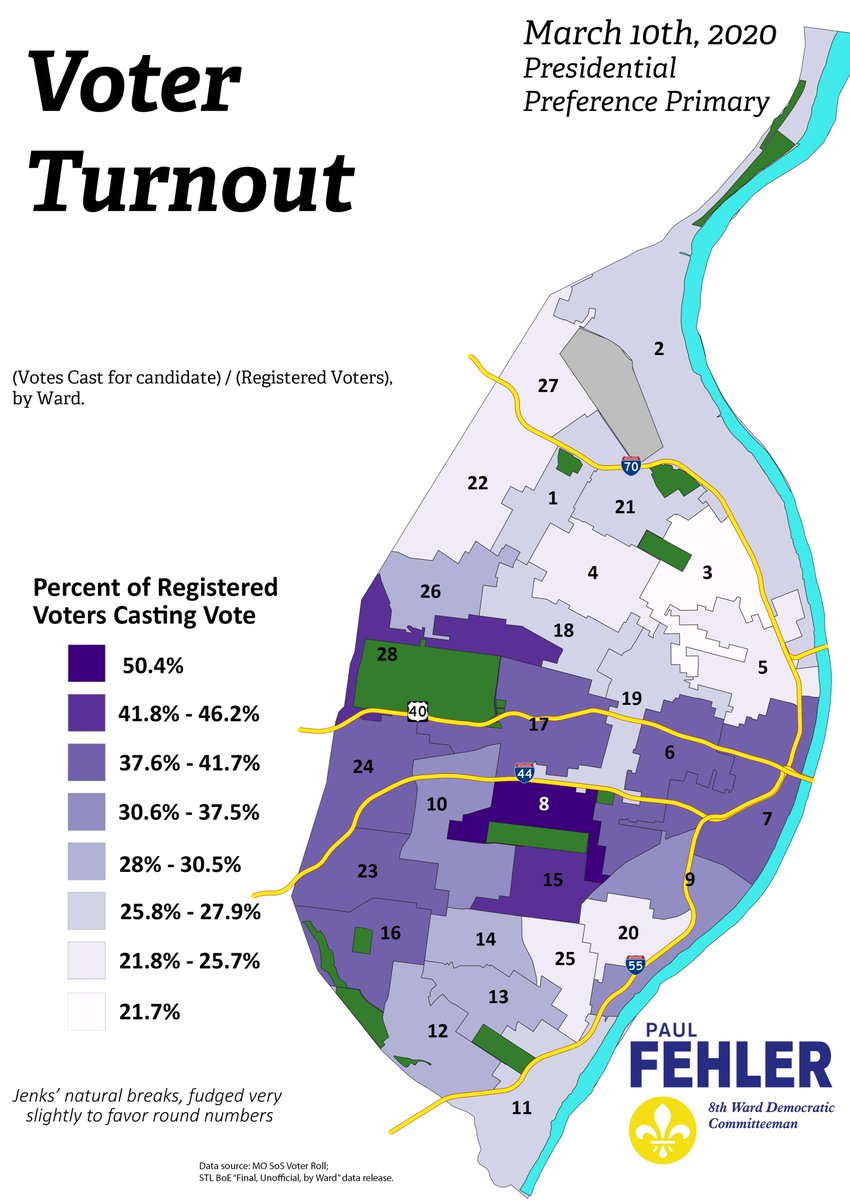 PaulFehler's tweet photo. Maps: STL 2020 Pres. Primary. Turnout, and Biden/Sanders votes cast per registered voter, by Ward. https://t.co/gqcrlTvTBA