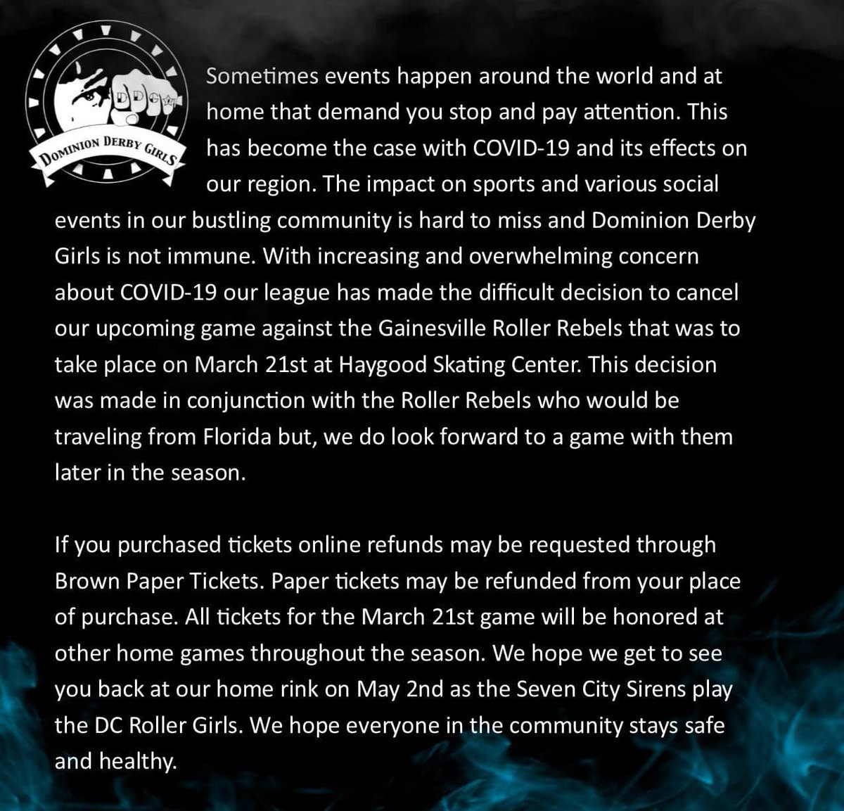 Our bout against Gainesville Roller Rebels has been cancelled.