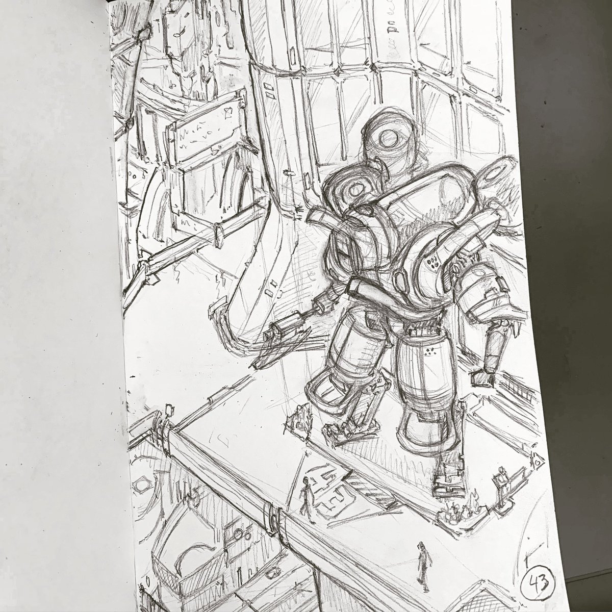 Dolimac's tweet photo. Day 43 of #draw100somethings  #spacesandplaces , featuring #marchofrobots2020 : A #mecha #robotsuit in a futuristic city. 
#sketchbookdrawing #dailydrawing #dailysketch #layoutdesign #environmentdesign #visdev #pencildrawing  #backgrounddesign #scifiillustration #mechadesign https://t.co/LSLhCyhxKM