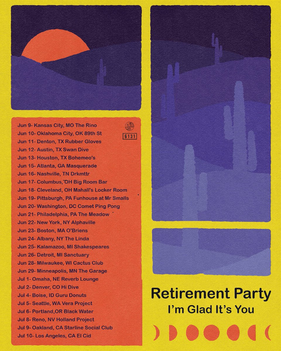 Tickets for summer with <a href="/rtrmntprty/">Retirement Party</a> are on sale now!!
If you're at all worried about the possible cancellation of shows, all tickets are able to be refunded if necessary. But as of now all systems are go for this tour. Be well, see you down the road ⚡