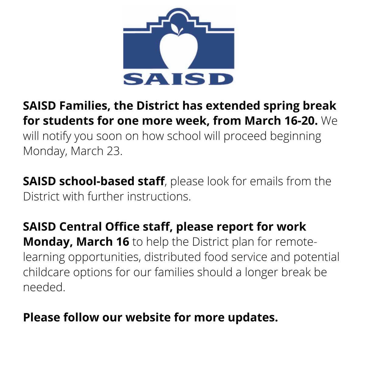 SAISD's tweet photo. Thank you for your support as we continue to strive to make decisions to best protect the health and wellness of our families and employees. https://t.co/flaWPrdawD