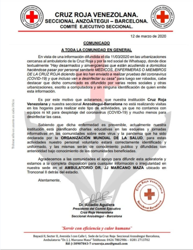 Milleralvinom's tweet photo. #Anzoategui | La Cruz Roja Venezolana, Sec Barcelona, emite un comunicado aclarando que ellos no están realizando pruebas de Coronavirus en los hogares. Esto luego de recibir denuncias de que delincuentes se meten a las casas para robar y se identifican con la org. #13Ma https://t.co/H4cRFENQ2O