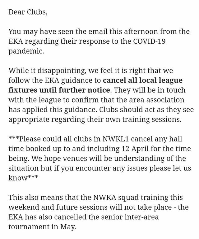 MancKorfClub's tweet photo. Official notice from the NWKA - ALL matches are cancelled until further notice. Stay safe korfballers 👍👍 #korfball #nwka https://t.co/blhcLkSY0F https://t.co/4eD0FhM5bl