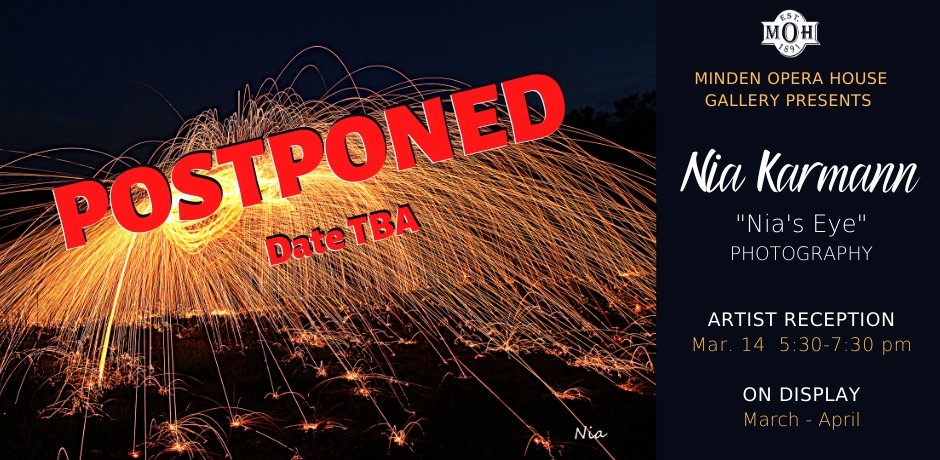 Due to concerns over the impending weather we have decided to postpone <a href="/NiaKarmann/">Nia Karmann</a>'s  Artist Reception originally scheduled March 14 from 5:30 - 7:30 pm. We are looking at a possible reschedule date in April and will keep you all posted. We thank you for your understanding!