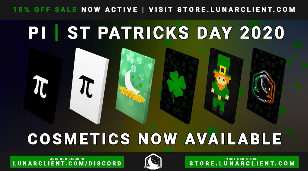 LunarClient's tweet photo. Spring is upon us! 🌼

We have just released our new limited edition March Holiday cosmetics line. 🍀

Take advantage of our 15% off sale at https://t.co/vlWdQXREsj. 💳

Retweet + Follow for a chance to win 1x Butterfly Wings, 2x #PiDay cloaks, and 3x #SaintPatricksDay cloaks! 🦋 https://t.co/xjKaRfMxht