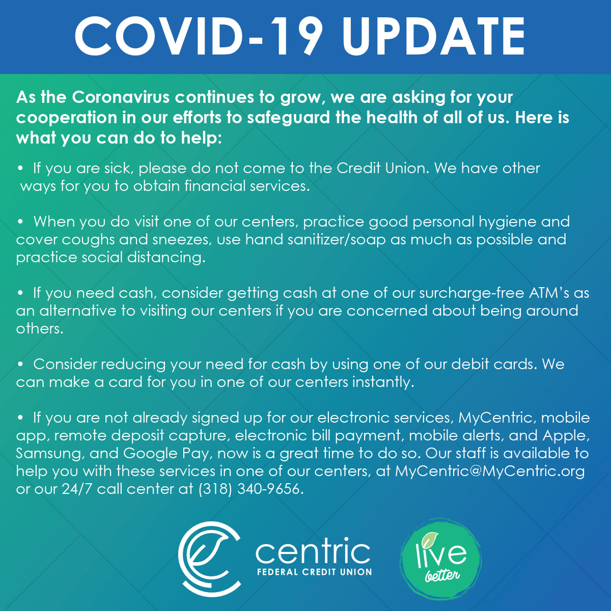 MyCentric's tweet photo. At Centric Federal Credit Union, service to our members remains our top priority. We will continue to update our social media, as well as our website, with information as it becomes available: https://t.co/NwL15Dk4KP https://t.co/1X5JBsHPWf