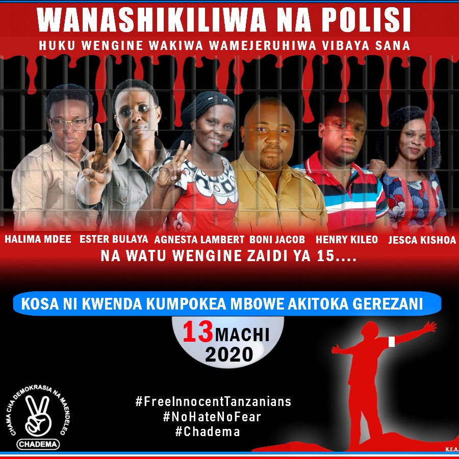 ya_chadema's tweet photo. Wamedhaminiwa wote. Watu 22 waliokamatwa na Kupigwa na Askati Magerezanje ya Gereza la Segerea. Lakini kuna majeruhi wengi. Karibu wote waliokamatwa wamepigwa na kuumizwa sana. Baadhi yao ni Henry Kilewo, Halima Mdee, Esther Bulaya, Kaunya Yohana. wengine wengi. #NoHateNoFear https://t.co/khmx4C2SSq
