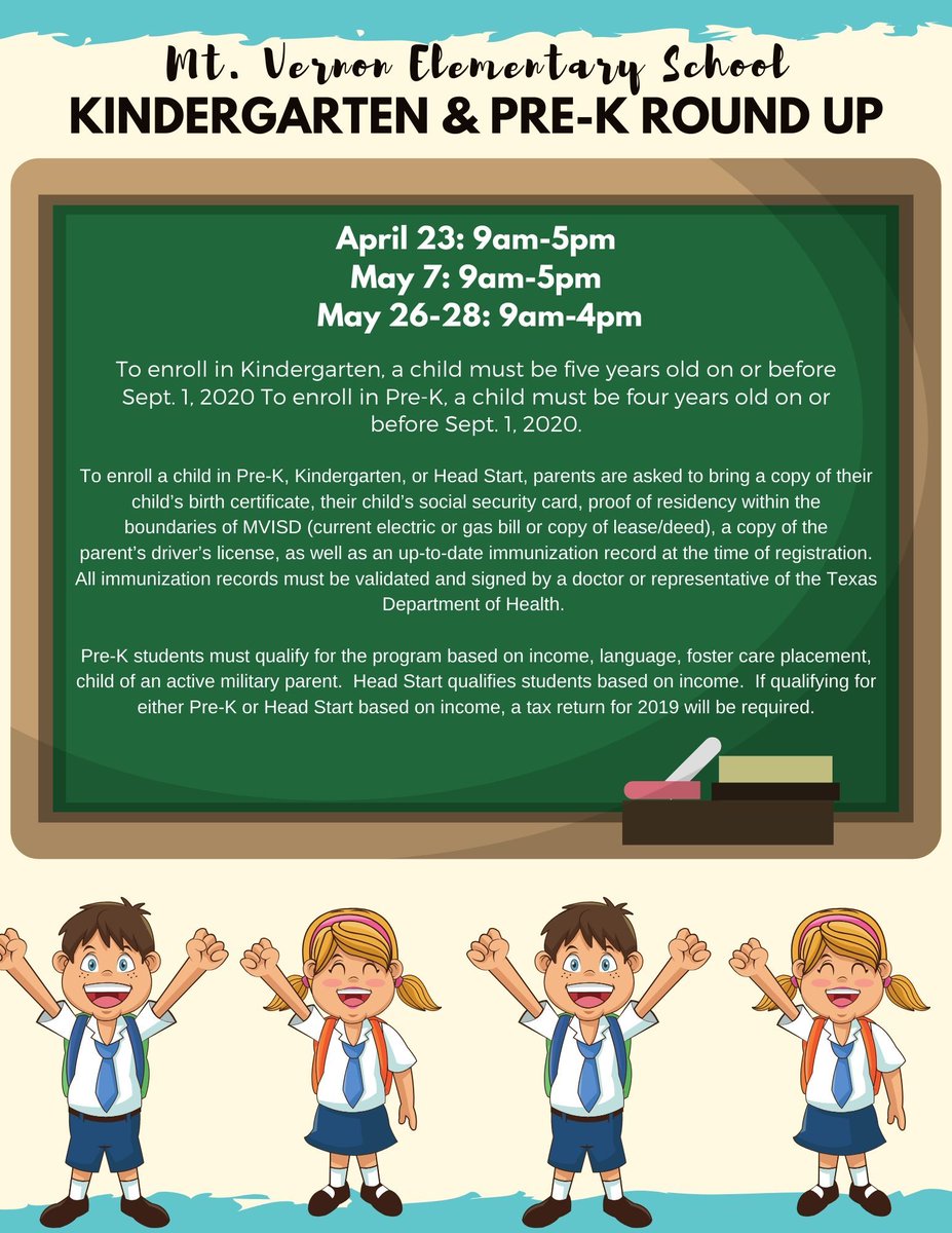 mtvernones's tweet photo. Kindergarten &amp; Pre-K Round Up Dates https://t.co/anXIXu4gFj