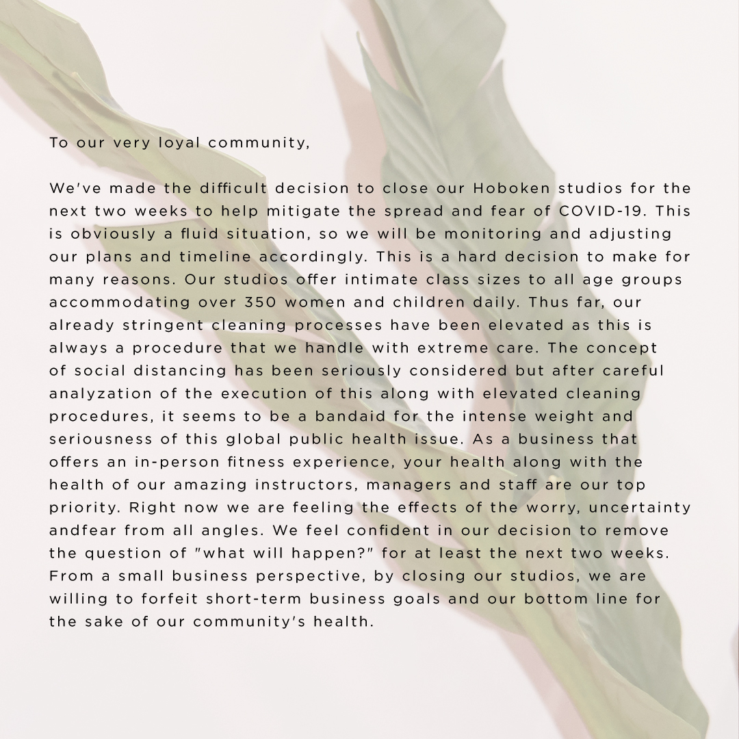 WiOwithus's tweet photo. PT1:
Swipe to read a letter from our Founder and CEO, Noël Fiorentinos, on our decision to temporarily close our Hoboken studios. We will be closed as of Monday March 16th and will hopefully re-open as of Monday, March 30th. https://t.co/4IFpgxFyBb