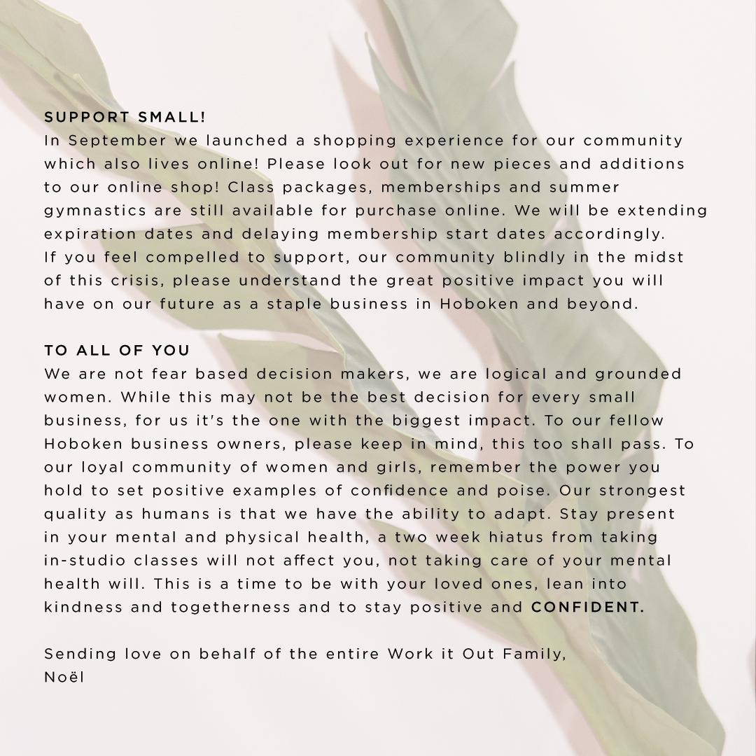 WiOwithus's tweet photo. PT1:
Swipe to read a letter from our Founder and CEO, Noël Fiorentinos, on our decision to temporarily close our Hoboken studios. We will be closed as of Monday March 16th and will hopefully re-open as of Monday, March 30th. https://t.co/4IFpgxFyBb