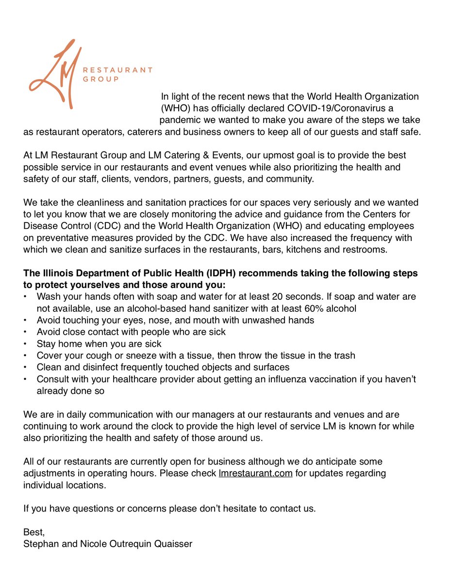 The health and safety of our employees, guests and community is a top priority of ours. Please see the below statement from our owners and know that we are working diligently to continue to provide exceptional service while keeping everyone who walks through our doors safe.