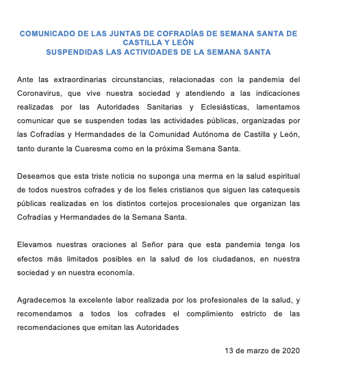 🛑 COMUNICADO DE LAS JUNTAS DE COFRADÍAS DE SEMANA SANTA DE CASTILLA Y LEÓN SUSPENDIDAS LAS ACTIVIDADES DE LA SEMANA SANTA