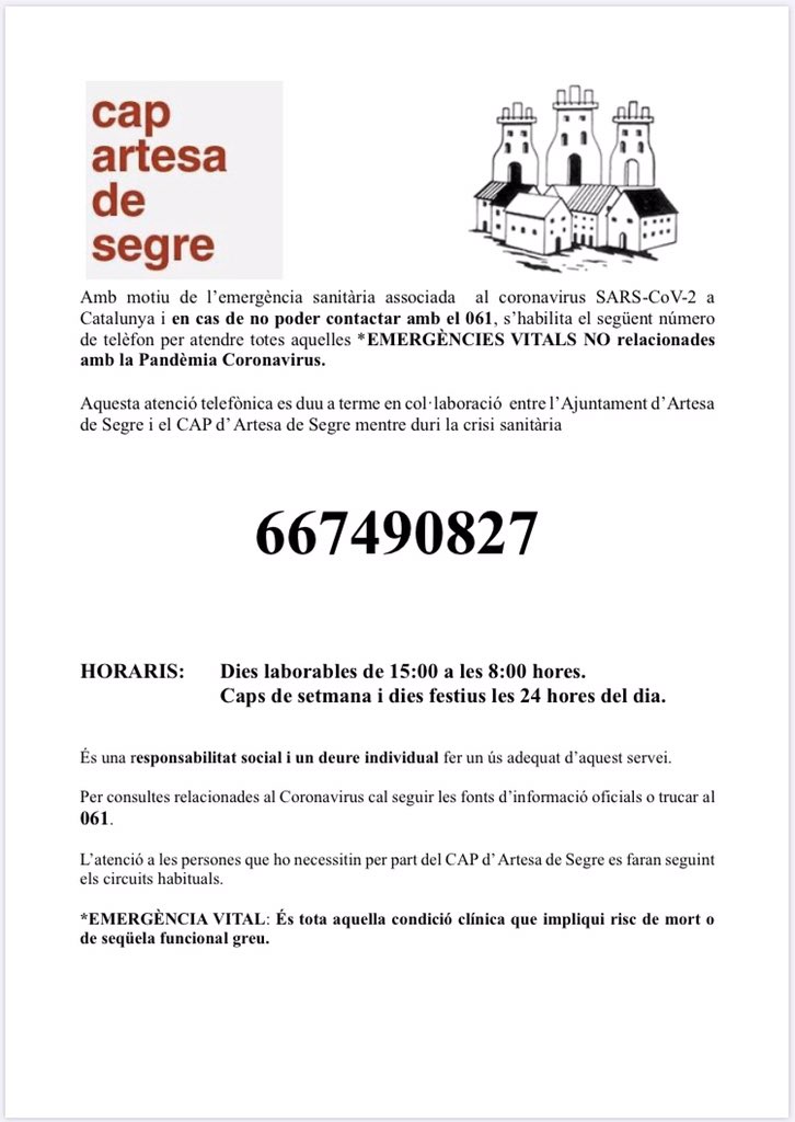 ApcSegre's tweet photo. Número de telèfon per a emergències vitals NO relacionades amb el #coronavirus al CAP Artesa de Segre https://t.co/5rcUiMskX2