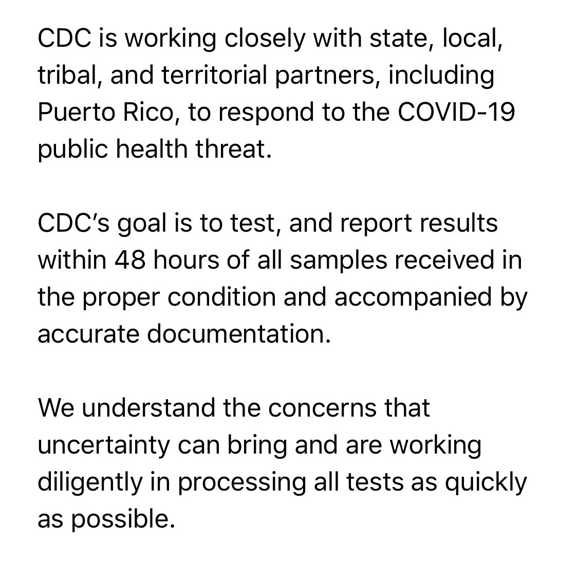 DavidBegnaud's tweet photo. BREAKING: Here's the response from @CDCgov as to why they haven't yet sent #Covid_19 test results to Puerto Rico:

"CDC’s goal is to test, and report results within 48 hours of all samples received in the proper condition and accompanied by accurate documentation." https://t.co/DAmSqpyIho